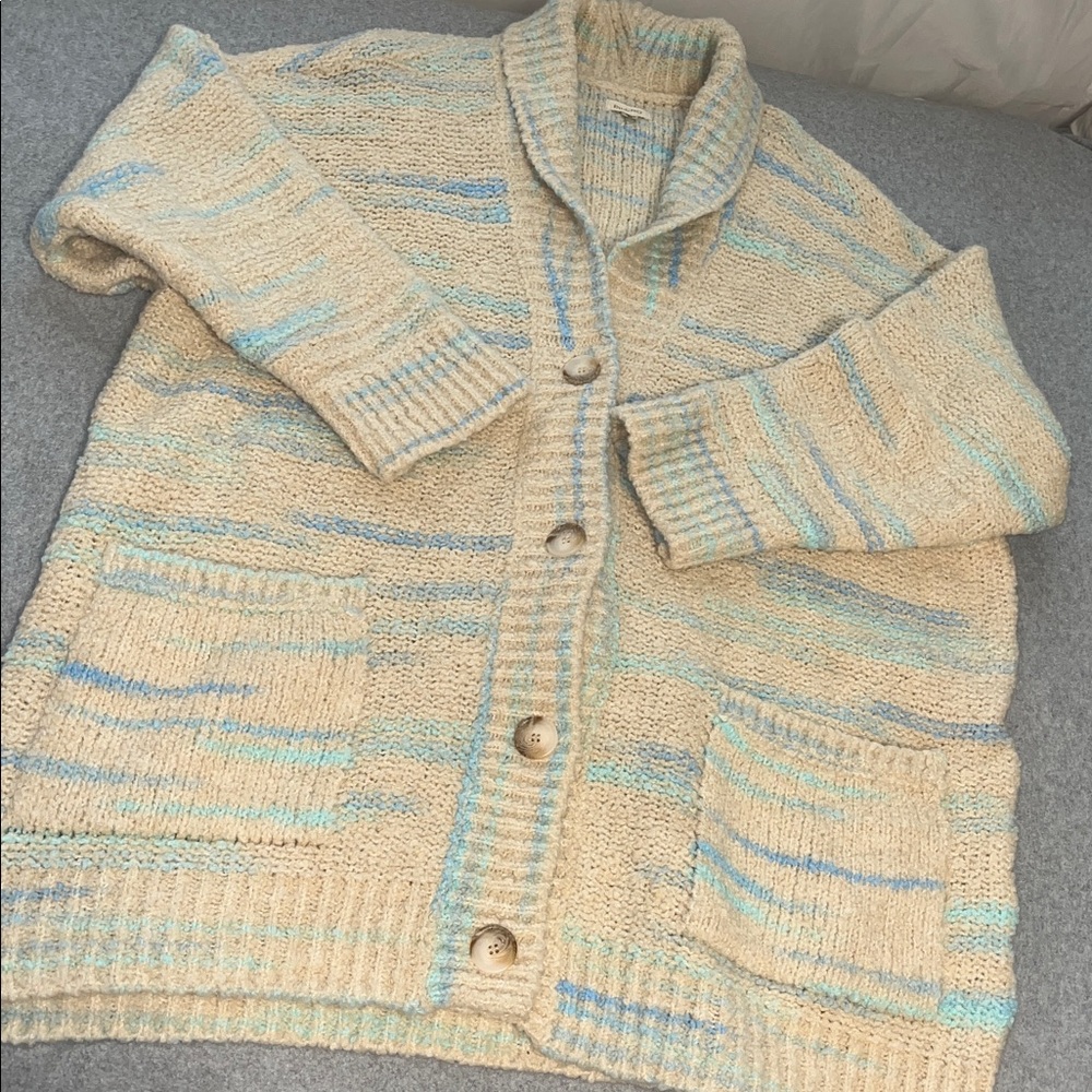 Pilcro Oversized Cardigan Sweater 1X Wool Blend Chunky Boxy Ivory Blue Grandma - Picture 11 of 12